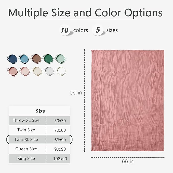 Carriediosa 100% Cotton Muslin Throw Blanket 66" X 90" Twin XL Size，4-Layers Summer Gauze Throws for Bed Couch，Soft Lightweight Breathable Linen Blankets Bedspread for Adults All Season，Mauve-StrideForce Fitness