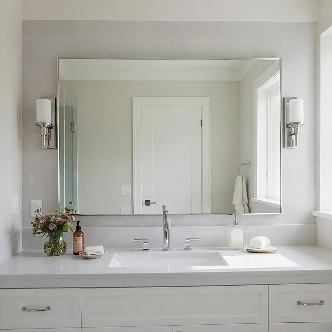 27x36 Inch Nickel Bathroom Mirror for Wall, Aluminum Frame Rectangle Rectangular Vanity Mirror, Modern Large for Bedroom, Living Room, Horizontal or Vertical-StrideForce Fitness