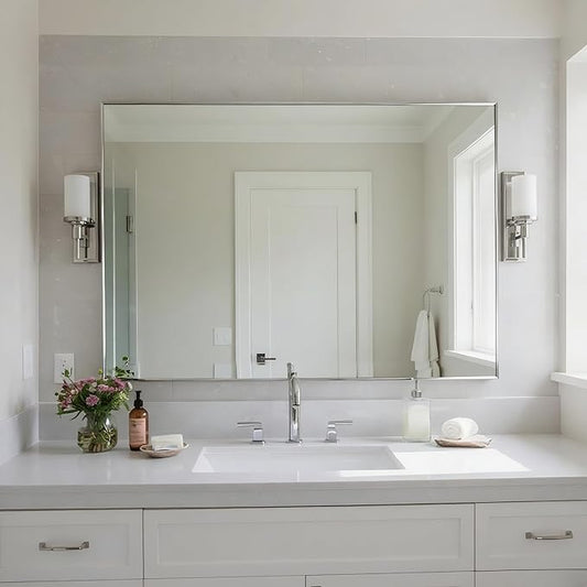 27x36 Inch Nickel Bathroom Mirror for Wall, Aluminum Frame Rectangle Rectangular Vanity Mirror, Modern Large for Bedroom, Living Room, Horizontal or Vertical-StrideForce Fitness