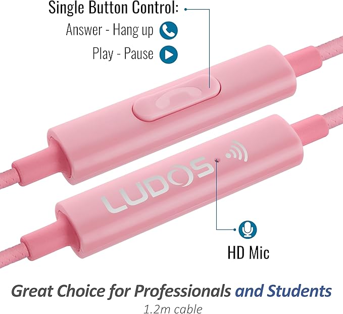 LUDOS Clamor Wired Earbuds in-Ear Headphones, 5 Years Warranty, Earphones with Microphone, Noise Isolating Ear Buds, Memory Foam for iPhone, Samsung, School Students, Kids, Women, Small Ears - Pink-StrideForce Fitness