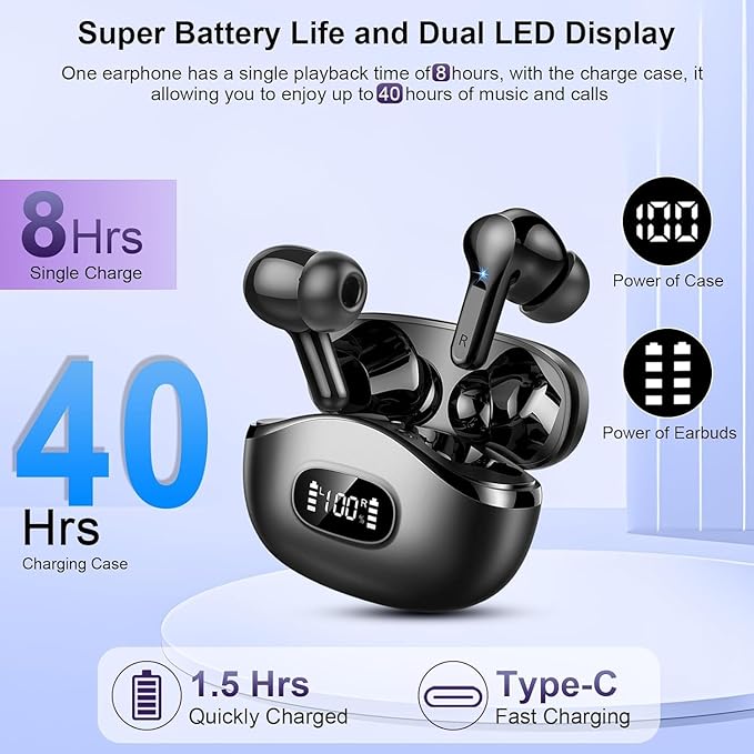 Wireless Earbuds, 2025 Bluetooth Headphones 5.3 HiFi Stereo Ear buds with ENC Noise Cancelling Mics, 40H Bluetooth Earbuds with Dual LED Display Charging Case, IP7 Waterproof Earphones for Android iOS-StrideForce Fitness