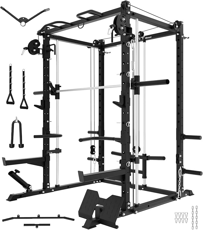 Eonfit E3 Smith Machine with 360°Rotating Arm for Home Gym Equipment, Multi-Function Power Cage Squat Rack with Cable Crossover LAT Pulldown Pulley System All in One-StrideForce Fitness