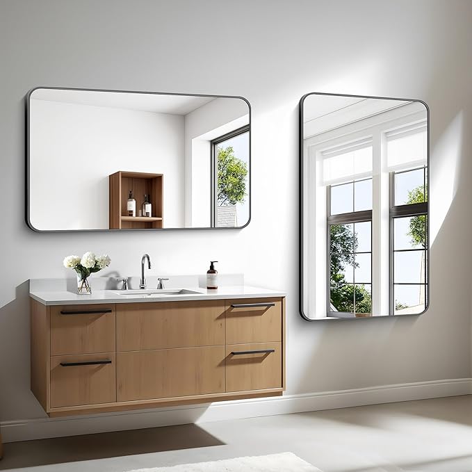 30x48 inch Bathroom Mirror,Black Rectangle Mirror,Wall Mounted Bathroom Frame Vanity Mirror with Round Corner for Bedroom Living Room, Entryway Hangs Horizontal or Vertical-StrideForce Fitness
