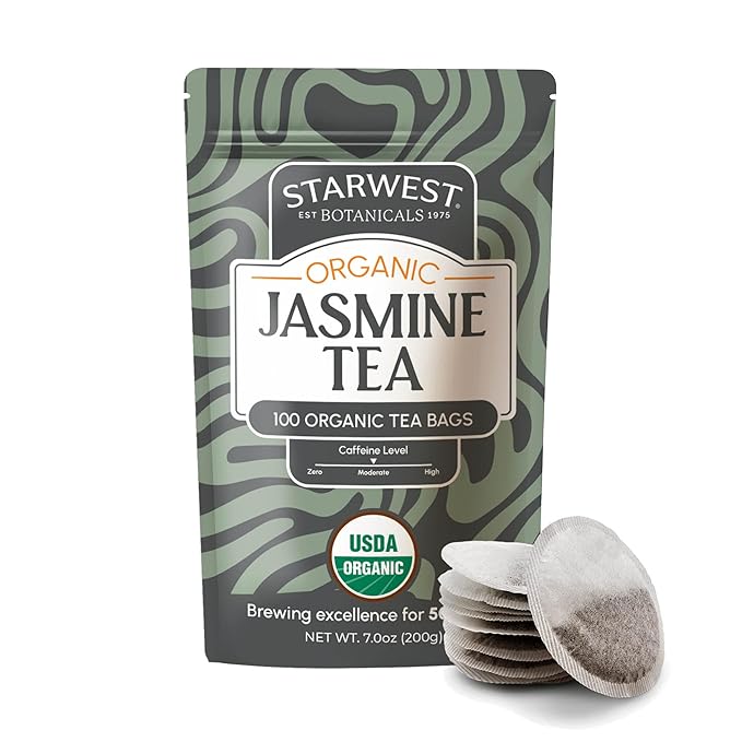 Starwest Botanicals Organic Jasmine Tea - Caffeinated Herbal Blend, Green Tea Scented with Natural Jasmine Flowers, Fragrant & Uplifting, Enjoy Hot or Iced, USDA Organic - Bulk Pack, 100 Tea Bags-StrideForce Fitness