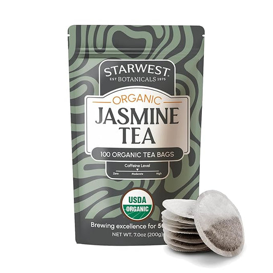 Starwest Botanicals Organic Jasmine Tea - Caffeinated Herbal Blend, Green Tea Scented with Natural Jasmine Flowers, Fragrant & Uplifting, Enjoy Hot or Iced, USDA Organic - Bulk Pack, 100 Tea Bags-StrideForce Fitness