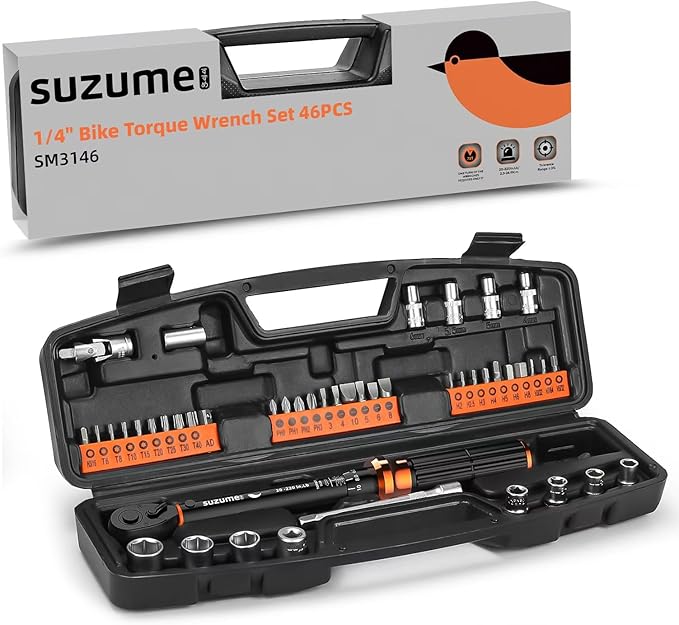 SUZUME 46PCS Bike Torque Wrench Set (20-220 in.lb/2.3-24.9 N.m) ±3% High Accuracy 72 Tooth Click Torque Wrench Set Reversible Head Dual-Scales 1/4 Torque Wrench For MTB Bicycle Maintenance-StrideForce Fitness