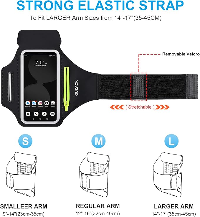 GUZACK Running Armband for iPhone 16 15 14 13 Pro Max, Galaxy S25 S24 S23 S22, with Card Slot & Key Pockets, Sports Arm Bands Phone Holder, Fit Up to 6.9 Inches Phone - Size L (Bigger Arm 14-17 in)-StrideForce Fitness