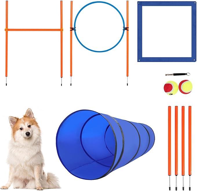 Polar Aurora Dog Agility Equipment, Dog Obstacle Courses Backyard - Pet Outdoor Games w/Adjustable High Jump, Agility Weave Poles, Tunnel, Jumping Ring, Pause Box, 2 Balls,Whistle and Carrying Bag-StrideForce Fitness