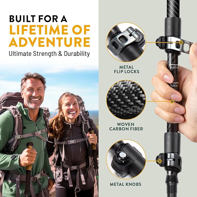 100% Carbon Fiber Trekking Poles by USA Brand - Ultra Strong Lightweight Collapsible Hiking Poles with Cork and EVA Foam Grips & Quick Adjustable Flip Locks-StrideForce Fitness