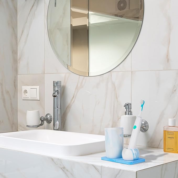 Ceramic Toothbrush Holder & Toothbrush Cup with Diatomite Tray for Bathroom, Bathroom Tumbler Cups Reusable Toothbrush Mouthwash Cup, Shower Counter Storage Organizer (Blue)