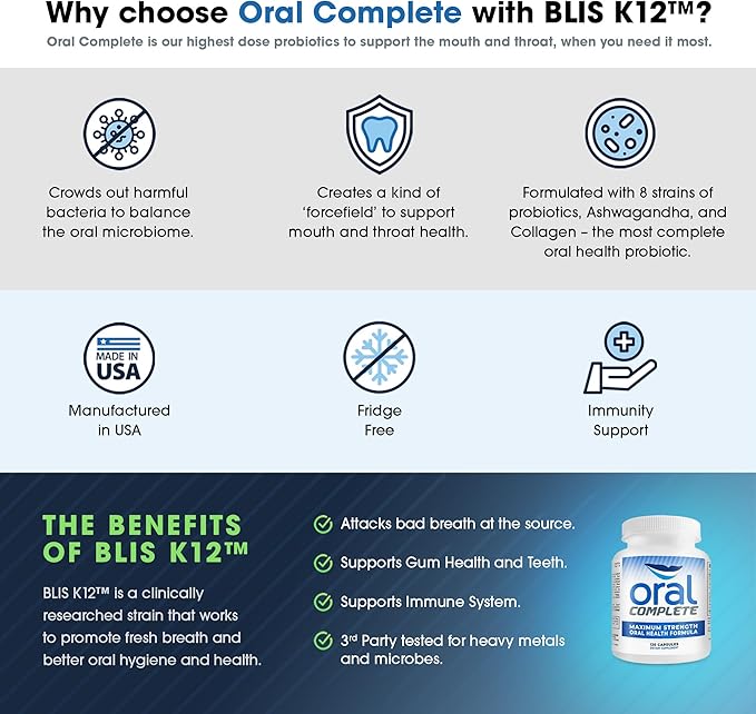 Oral Complete 11-in-1 Dental Probiotics, Bad Breath Treatment Halitosis Tonsil Stone with Non-GMO with BLIS K12, Ashwagandha and Collagen, 120 Capsules