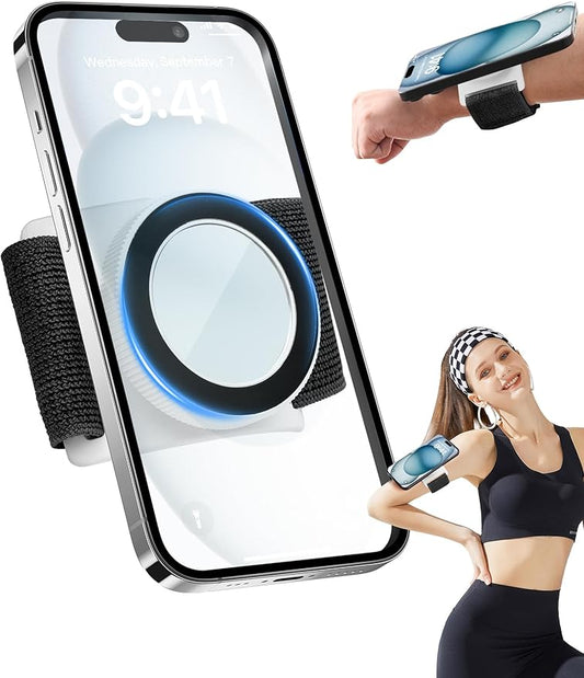 TOPGO Magnetic Running Phone Holder for iPhone, HD Mirror & Extendable Anti-Drop Rope for Gym/Yoga, 360° Rotatable Wrist Phone Holder, Fits iPhone 16 Pro & Android (Black, 2 Straps)-StrideForce Fitness