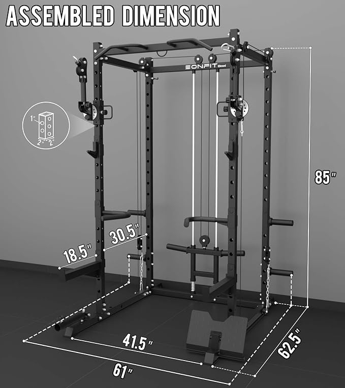 Eonfit E2 Power Cage，1500LB Squat Rack with Cable Crossover System.Multi-Function Power Rack for Home Gum.All-in-One Squat Rack with More Training Attachments-StrideForce Fitness