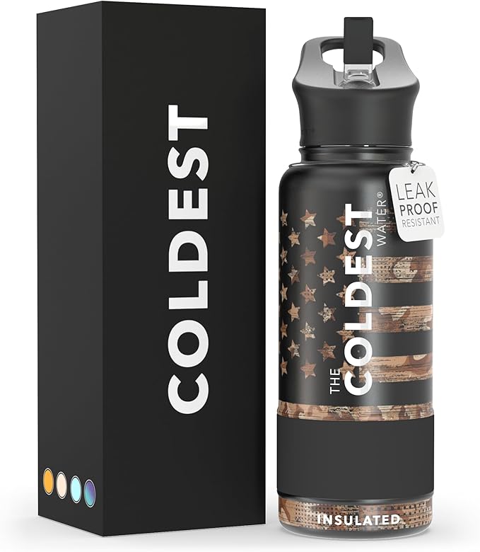 Coldest Insulated Water Bottle with Straw Lid - Stainless Steel Metal Insulated Bottle for Men & Women (Camouflage Flag, 32 oz)-StrideForce Fitness