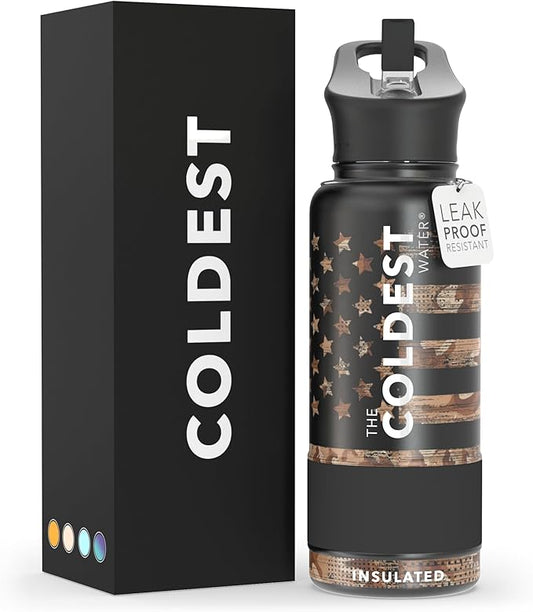 Coldest Insulated Water Bottle with Straw Lid - Stainless Steel Metal Insulated Bottle for Men & Women (Camouflage Flag, 32 oz)-StrideForce Fitness