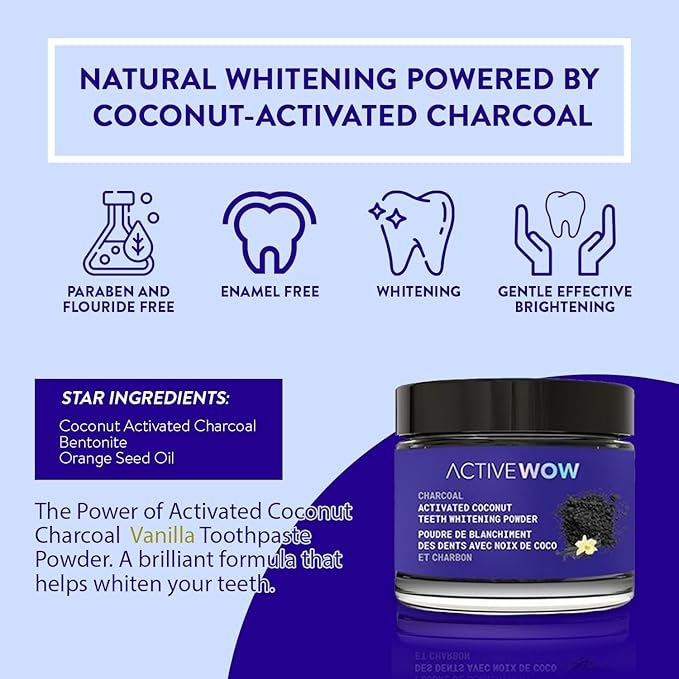 Active Wow Activated Coconut Powder – Whitening Toothpaste Powder, Fluoride-Free, Sulfate & Paraben-Free, Vanilla Flavor