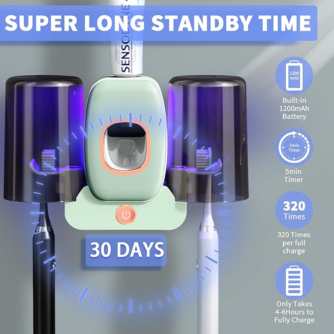 Toothbrush Holders for Bathrooms, Wekity Automatic Toothpaste Dispenser Space Saving Toothbrush and Toothpaste Holder，Toothbrush Holder Wall Mounted with 2 Cups for Bathroom (Green)…