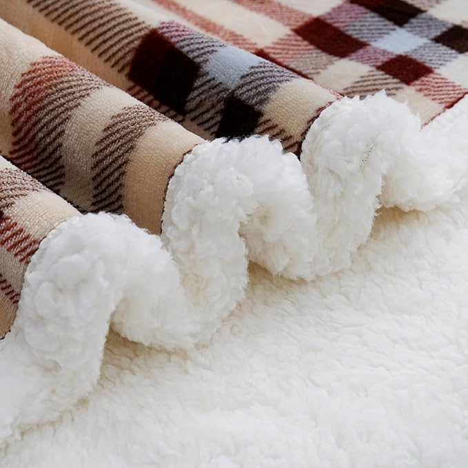 PU MEI Sherpa Fleece Throw Blanket 80" x 90" Reversible Plush Fluffy Large Big Blanket Lattice Flannel Blankets for All Season Use, Beige Stripe-StrideForce Fitness