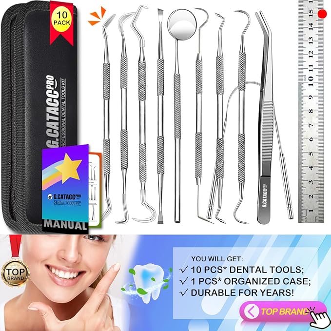 G.CATACC 10 Pack Dental Tools, Professional Plaque Remover for Teeth Cleaning Tools Set, Stainless Steel Hygiene Kit with Dental Pick Tooth Scraper Plaque Tartar Remover Tongue Cleaner - with Case
