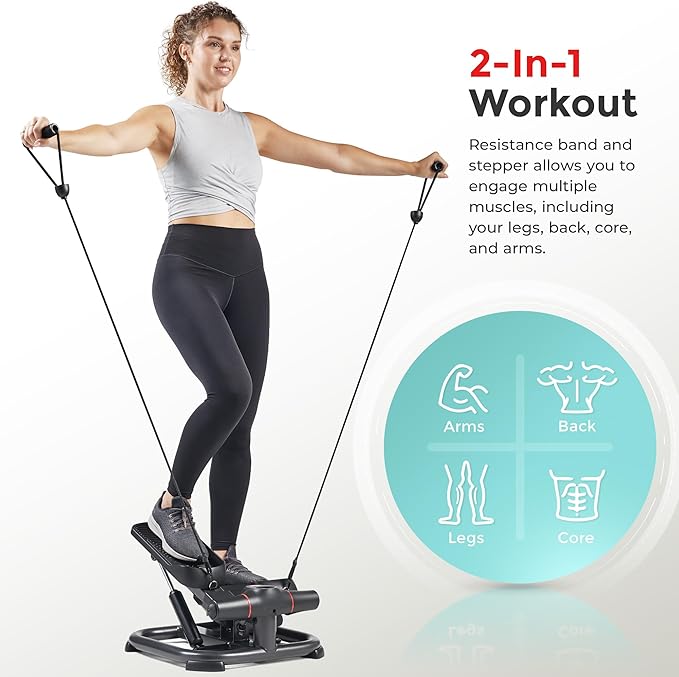 Sunny Health & Fitness 2-in-1 Premium Power Stepper with Resistance Bands, Low-Impact Cardio, Space-Saving, Height-Adjustable, with Enhanced Bluetooth Connectivity with Free SunnyFit App-StrideForce Fitness