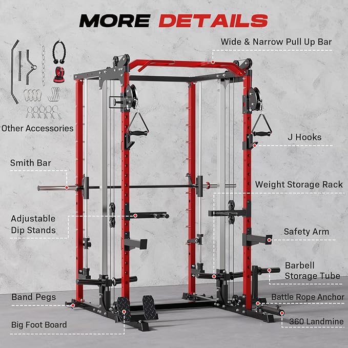 Smith Machine Home Gym, Multi-Function Power Cage with Dual Pulley Cable Crossover System, All-in-One Squat Rack with Smith Bar and Strength Training Attachments for Full-Body Workouts-StrideForce Fitness