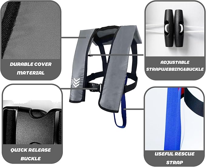 Manual Inflatable Life Jacket|Life Vest for Adults|PFD Low Profile|Supports up to 330 lbs(YSH700)-StrideForce Fitness