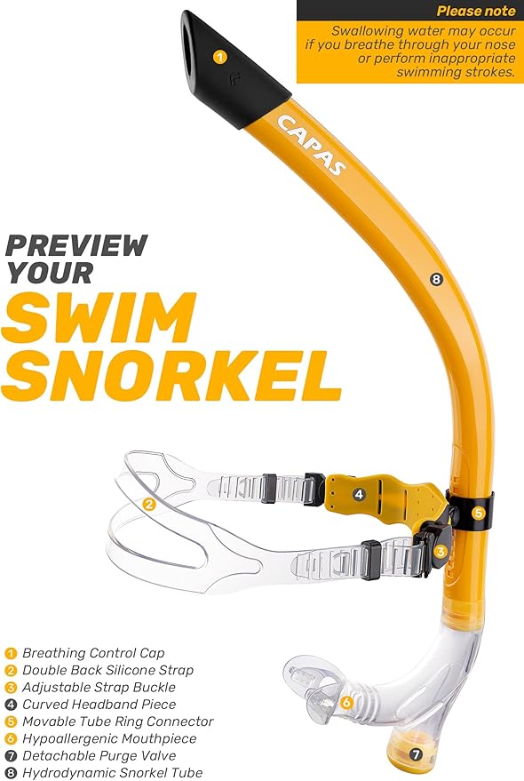 CAPAS Training Swim Snorkel for Lap Swimming, Swivel Headband Ultimate Fit Center-Mount Swimmers Snorkel with Liquid Silicone Mouthpiece Adjustable Strap, Designed for Adult Men Women-StrideForce Fitness