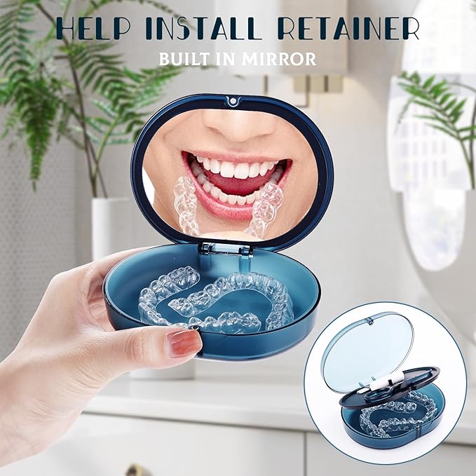 New Double-layer Retainer Storage Case with Belt Chewing,Removal Tool,Cleaning Brush,Built in Mirror Orthodontic Retainer Case