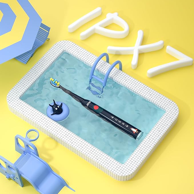 SEAGO Kids Electric Toothbrush, Rechargeable Sonic Soft Bristle Toothbrushes with 8 Brush Heads, DIY Stickers and 5 Modes, Ideal for Kids and Children, Ages 3–12，SG2303(Navy)