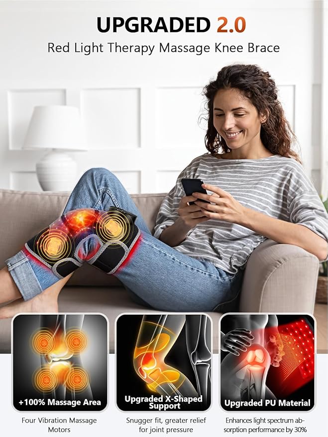 Upgraded 2.0 Red Light Therapy Knee Brace - Knee Massager with 4 Vibration Areas,Wireless Controller,FSA HSA Eligible Near Infrared Red Light Therapy Heated Device for Knee Elbow Shoulder Pain-StrideForce Fitness