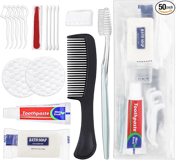 50 Sets Personal Hygiene Kit Bulk, Disposable Toothbrushes with Toothpaste Floss Comb Soap Cover and Vanity Kit, Toiletry Kits Homeless Supplies Bulk for Women,Men,Travel,Homeless
