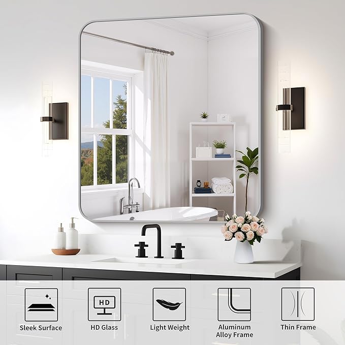 FORBATH 40x36 Inch Silver Bathroom Mirror for Over Sink, Large Rectangular Wall Mirror with Metal Frame, Rounded Corners for Bathroom, Bedroom, Entryway Decor (Horizontal or Vertical)-StrideForce Fitness