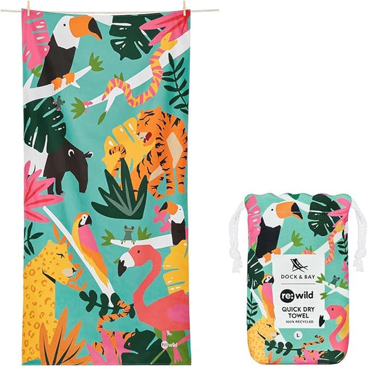 Dock & Bay Beach Towel - Quick Dry, Sand Free - Compact, Lightweight - 100% Recycled - Includes Bag - Wild Things - Large (160x90cm, 63x35)-StrideForce Fitness