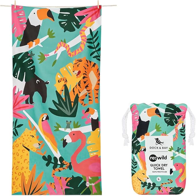 Dock & Bay Beach Towel - Quick Dry, Sand Free - Compact, Lightweight - 100% Recycled - Includes Bag - Wild Things - Extra Large (200x90cm, 78x35)-StrideForce Fitness