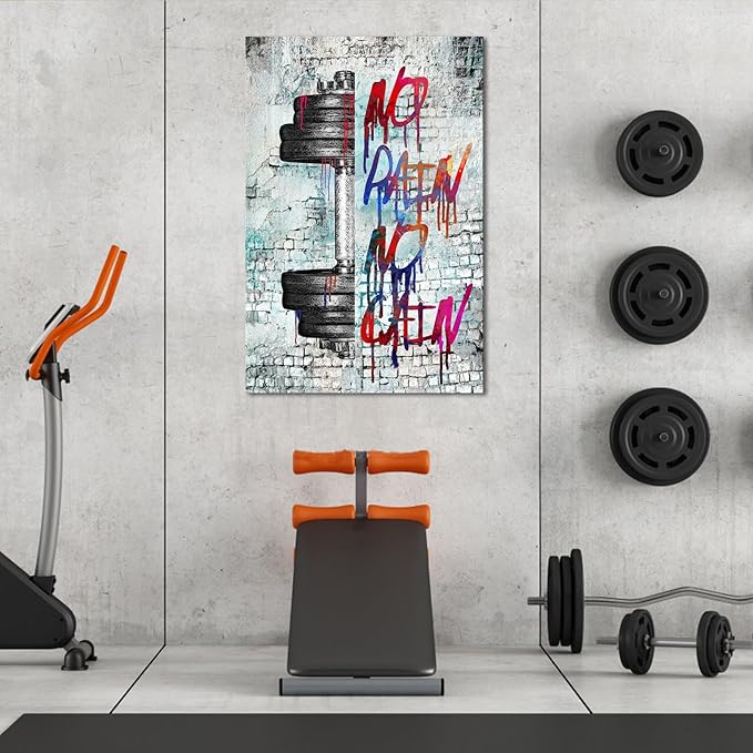 iHAPPYWALL Vintage Inspirational Fitness Quotes Wall Art No Pain No Gain Dumbbells Gym Sport Picture for Home Bodybuilding Room Bedroom Decor Ready to Hang 24x36inch (Grey)-StrideForce Fitness