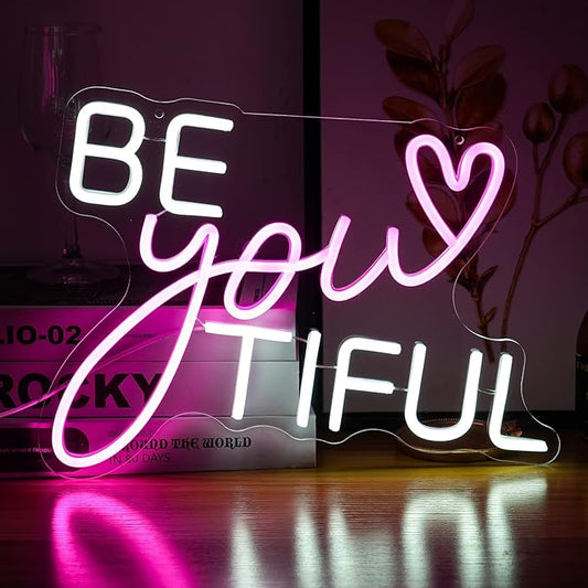 Be Your Tiful Neon Sign Dimmable Letter Neon Signs White Pink Wall Decorative Lights Powered USB with Switch for Bedroom Kid Room Shop Apartment Birthday Party Wedding （15.7’’X11.8’’）-StrideForce Fitness