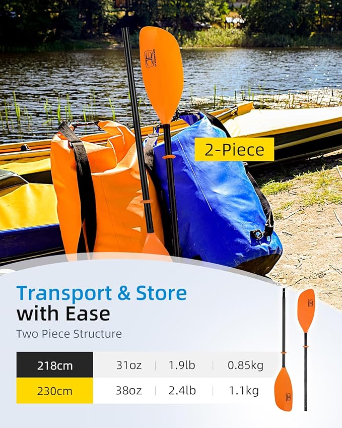 OCEANBROAD Kayak Paddle 86in/218cm, 90.5in/230cm Alloy Shaft 2-Piece Floatable Kayak Oar for Kayaking Canoeing Boating-StrideForce Fitness