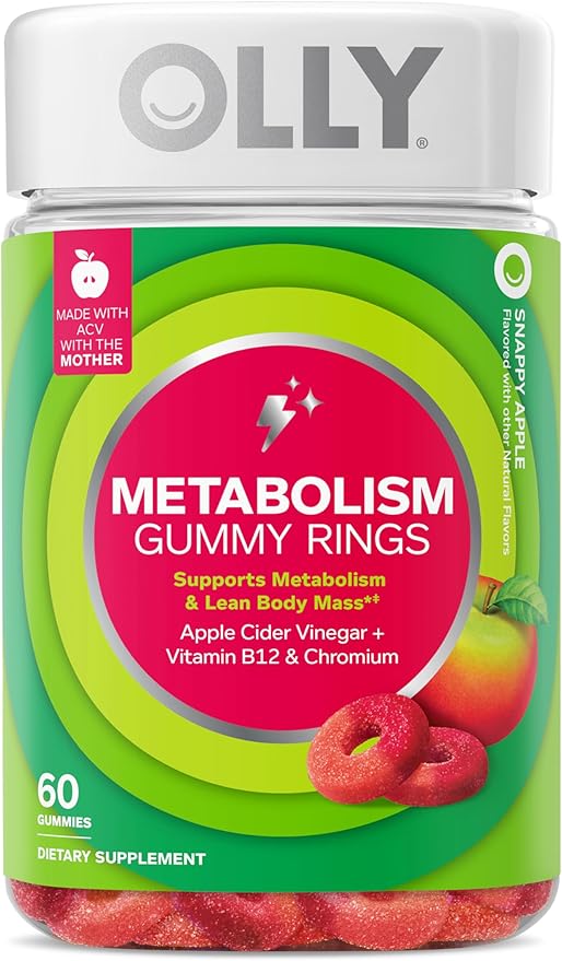 OLLY Metabolism Gummy Rings, Metabolism and Cellular Energy Chewable Supplement,* Apple Cider Vinegar, Vitamin B12, Chromium Picolinate, Apple Flavored, 60 Day Supply - 60 Count-StrideForce Fitness