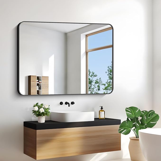 30x40 inch Bathroom Mirror,Black Rectangle Mirror,Wall Mounted Bathroom Frame Vanity Mirror with Round Corner for Bedroom Living Room, Entryway Hangs Horizontal or Vertical-StrideForce Fitness