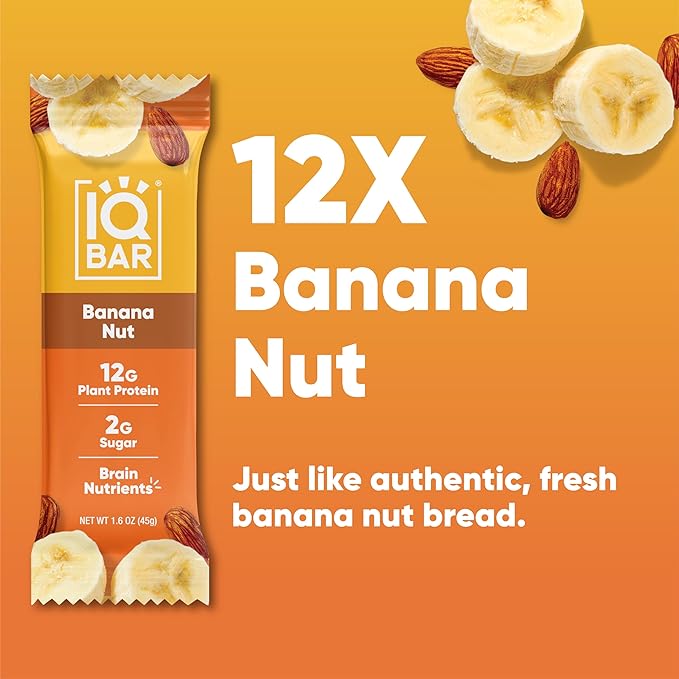 IQBAR Brain and Body Plant Protein Bars - Banana Nut - 12-Count Low Carb - Gluten Free, High Fiber, Vegan Snacks - Low Sugar Meal Replacement-StrideForce Fitness
