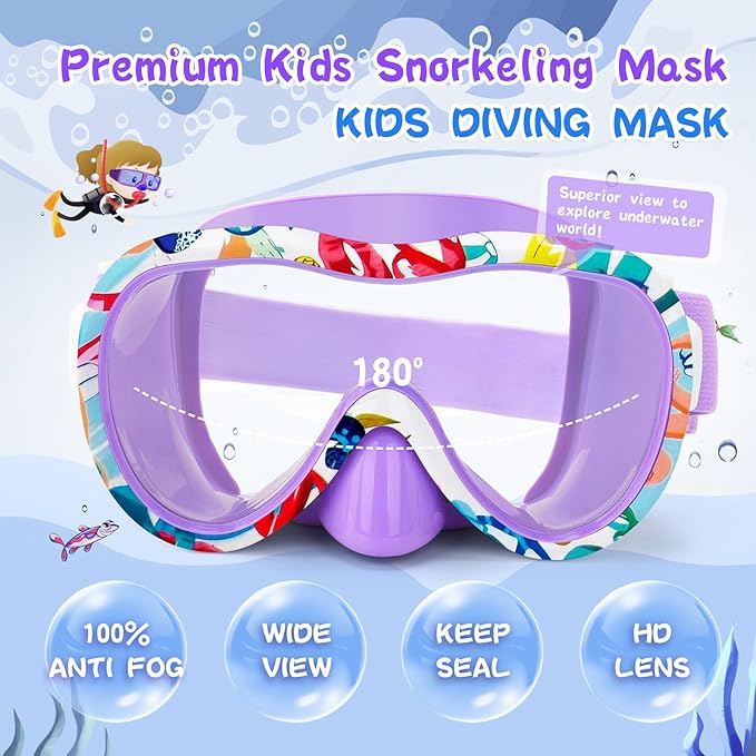 Kids Swim Goggles with Nose Cover, 180° Panoramic Snorkel Mask with Anti-Fog & Anti-Leak Design, Comfort Fabric Strap UV Protection Lens for Boys Girls Ages 3-15-StrideForce Fitness