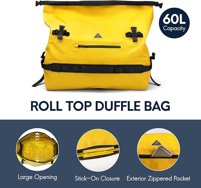 Haimont Large Waterproof Duffel Backpack Roll-Top Heavy Duty Dry Duffle Bag for Boating, Travel, Motorcycle, Kayaking, Camping, 60L-StrideForce Fitness