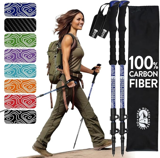 100% Carbon Fiber Trekking Poles by USA Brand - Ultra Strong Lightweight Collapsible Hiking Poles with Cork and EVA Foam Grips & Quick Adjustable Flip Locks-StrideForce Fitness