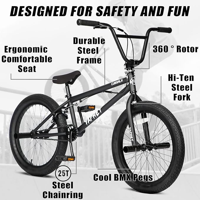 Freestyle BMX Bike, 20 Inch Yaphet Bicycle for Teen Beginner and Adult Riders, Bike with Hi-Ten Steel Frame, Multiple Colors-StrideForce Fitness