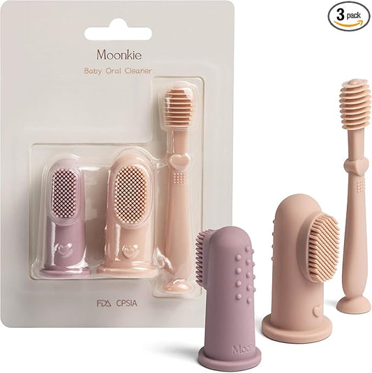 Moonkie Baby Finger Toothbrush Tongue Oral Cleaner Kit for 3 Months +, 3 Pcs (Blush/Pale Mauve/Blush)