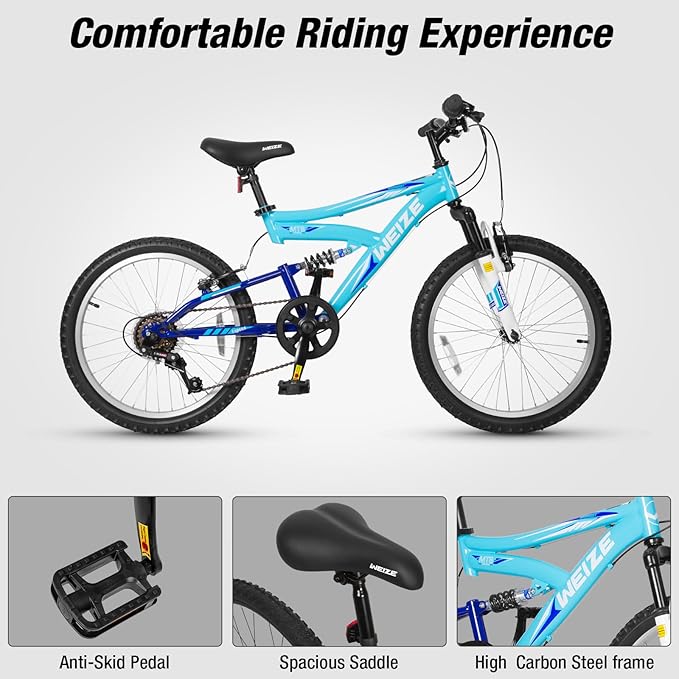 WEIZE Kids Mountain Bike, 20 inch Kids' Bicycles for 6-11 Years Old Boys Girls with Dual Full Suspension, 6 Speeds Drivetrain, High-Carbon Steel Frame, Ideal for Young Riders and Adventurers-StrideForce Fitness