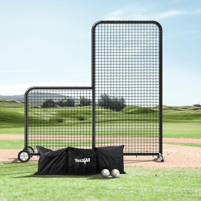 Yes4All Portable L-Screen Baseball 7x7ft with 2 Baseballs, Rubber Wheels - L Screen Baseball for Batting Cage, Protective Pitching Screen Net Double Layers, Carry Bag Included-StrideForce Fitness