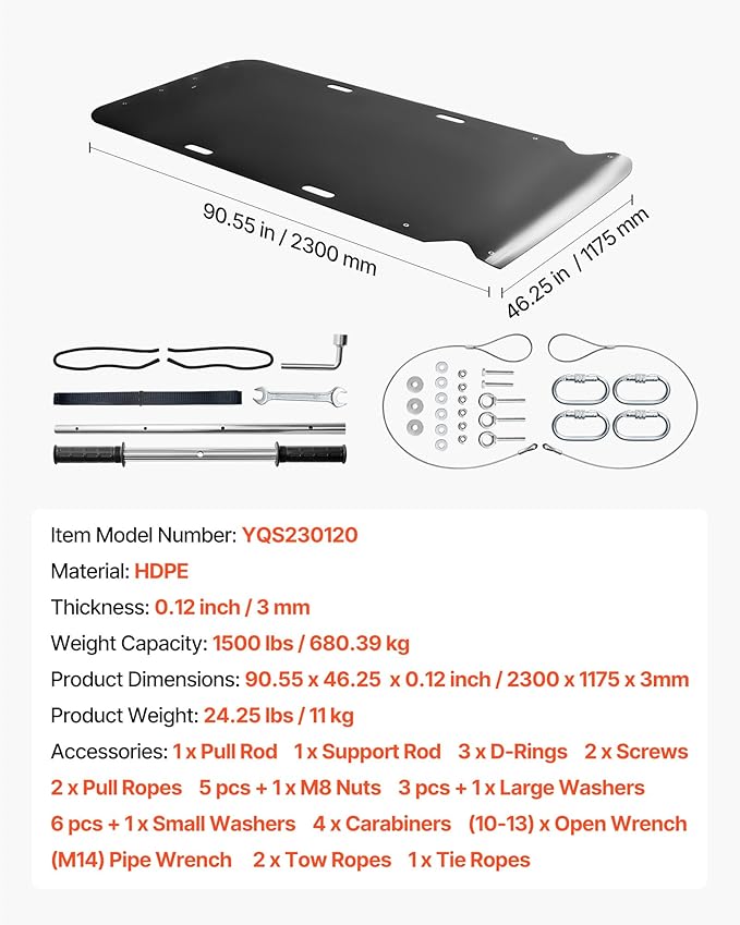 VEVOR Yard Drag Sled, 90 x 46 in, 1500lbs Heavy Duty Utility Sled, HDPE Drag Glider with Ropes & Pull Cables, Hand & Vehicle Use Game Hauler for Firewood Ice Fishing,Compatible with ATVs UTVs Tractors-StrideForce Fitness