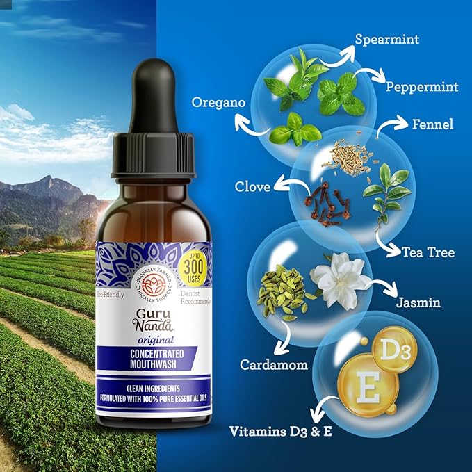 GuruNanda Concentrated Mouthwash (2 fl oz), Fluoride-Free, Mint Mouthwash with Natural Essential Oils, Supports 300 Rinses, Aids in Fresh Breath