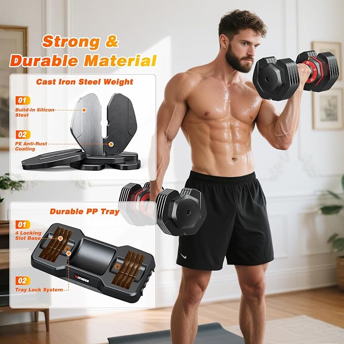 XDDIAS Adjustable Dumbbell Set of 2, 25/55/80LB Dumbbell Set-1Sec Adjustable Weights-5/10 in 1 Free Weights Dumbbells Set with Effortless Tray/No-Slip Handle-Compact Size for Women/Men at Home Gym-StrideForce Fitness
